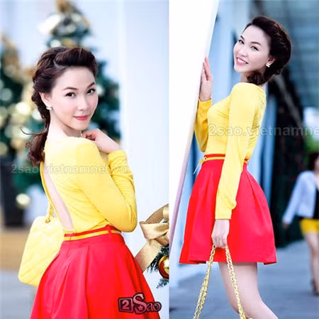 Chiếc áo vàng hở lưng được Quỳnh Thư mix cùng váy xoè đỏ tạo nên nét đẹpkiêu sa hiếm có. Chiếc áo vàng hở lưng được Quỳnh Thư mix cùng váy xoè đỏ tạo nên nét đẹpkiêu sa hiếm có.