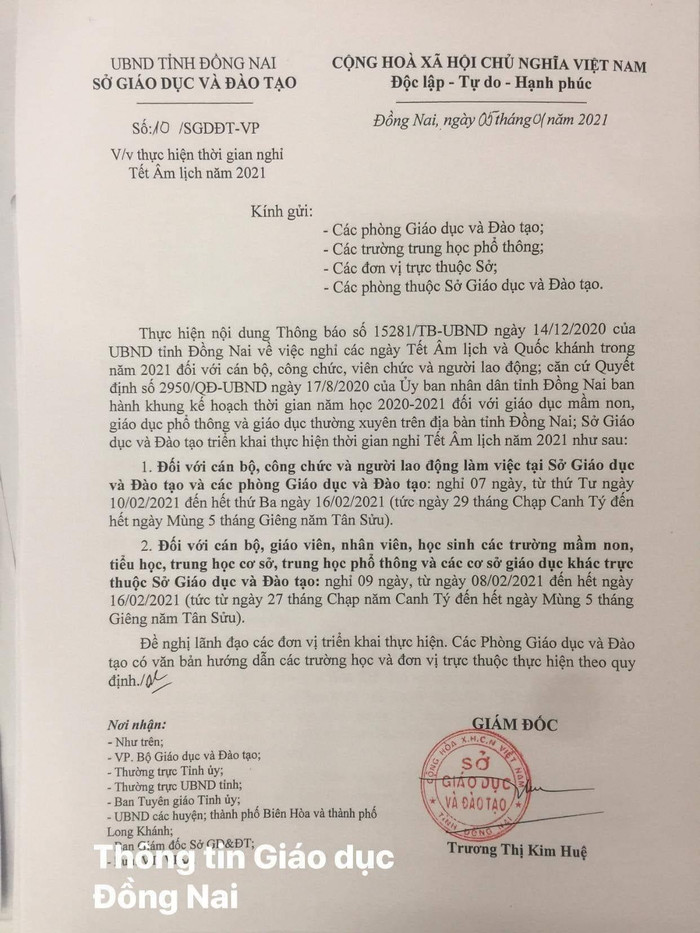 Văn bản số 10 của Giám đốc Sở Giáo dục Đồng Nai ký (ảnh: Thông tin GD Đồng Nai) Văn bản số 10 của Giám đốc Sở Giáo dục Đồng Nai ký (ảnh: Thông tin GD Đồng Nai)