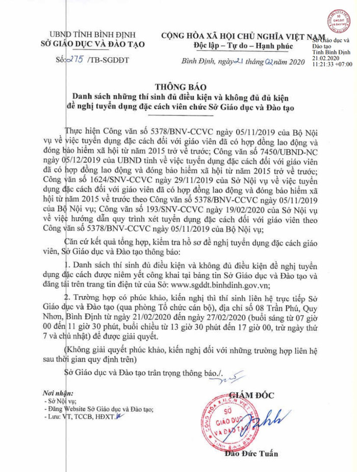 Công văn số 275 của Sở Giáo dục và Đào tạo tỉnh Bình Định thông báo 49 giáo viên hợp đồng đủ điều kiện đặc cách (Ảnh: V.N) Công văn số 275 của Sở Giáo dục và Đào tạo tỉnh Bình Định thông báo 49 giáo viên hợp đồng đủ điều kiện đặc cách (Ảnh: V.N)