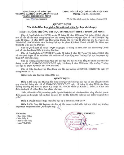 Quyết định 1854 của Trường Đại học Sư phạm Kỹ thuật Thành phố Hồ Chí Minh (ảnh: CTV) Quyết định 1854 của Trường Đại học Sư phạm Kỹ thuật Thành phố Hồ Chí Minh (ảnh: CTV)