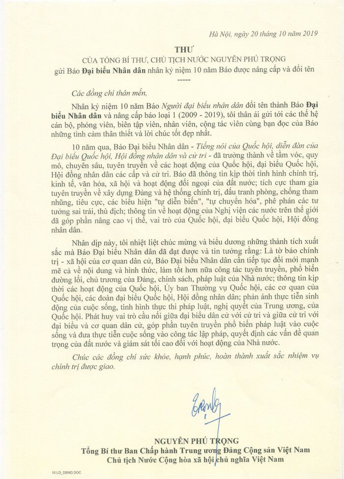 Thư của Tổng Bí thư, Chủ tịch Nước Nguyễn Phú Trọng gửi Báo Đại biểu Nhân dân nhân kỷ niệm 10 năm Báo được nâng cấp và đổi tên. Thư của Tổng Bí thư, Chủ tịch Nước Nguyễn Phú Trọng gửi Báo Đại biểu Nhân dân nhân kỷ niệm 10 năm Báo được nâng cấp và đổi tên.