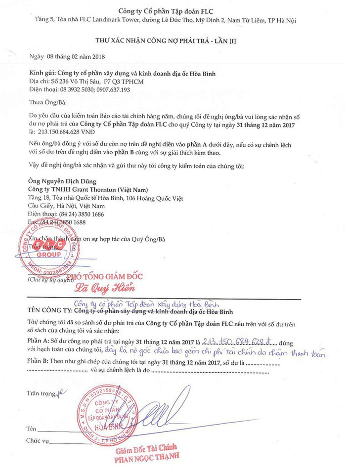 Thư xác nhận công nợ phải trả mà Tập đoàn FLC đề nghị Tập đoàn Hoà Bình xác nhận cũng ghi rõ số nợ là 213 tỷ đồng. Thư xác nhận công nợ phải trả mà Tập đoàn FLC đề nghị Tập đoàn Hoà Bình xác nhận cũng ghi rõ số nợ là 213 tỷ đồng.