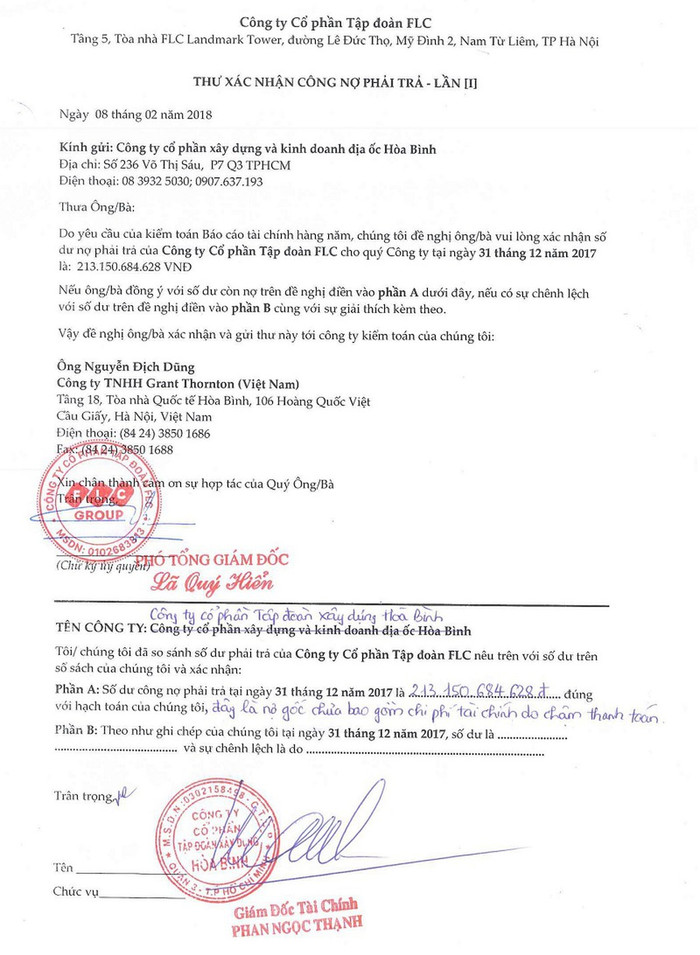 Thư xác nhận công nợ của Tập đoàn FLC đề nghị Tập đoàn Hòa Bình xác nhận cũng ghi rõ khoản nợ 213 tỷ đồng. Thư xác nhận công nợ của Tập đoàn FLC đề nghị Tập đoàn Hòa Bình xác nhận cũng ghi rõ khoản nợ 213 tỷ đồng.