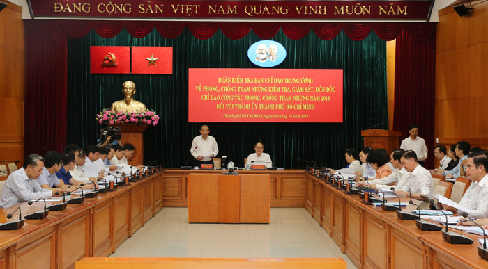 Buổi làm việc của Đoàn kiểm tra với Ban Thường vụ Thành ủy Thành phố Hồ Chí Minh chiều 6/10. Ảnh: VGP/Mạnh Hùng Buổi làm việc của Đoàn kiểm tra với Ban Thường vụ Thành ủy Thành phố Hồ Chí Minh chiều 6/10. Ảnh: VGP/Mạnh Hùng