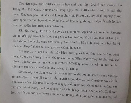 Trích phản ánh của chị Vũ Thị Hằng - người thân của em Vũ Trúc Phương việc bị yêu cầu rút học bạ (ảnh: T.Q) Trích phản ánh của chị Vũ Thị Hằng - người thân của em Vũ Trúc Phương việc bị yêu cầu rút học bạ (ảnh: T.Q)