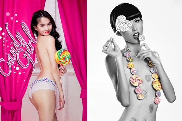 Kẹo Ngọc Trinh đáng yêu cùng kẹo ngọt. Còn nàng người mẫu có thân hình gầy gò Thùy Dương lại khoe ngực phẳng lì với dây chuyền làm bằng kẹo. Kẹo Ngọc Trinh đáng yêu cùng kẹo ngọt. Còn nàng người mẫu có thân hình gầy gò Thùy Dương lại khoe ngực phẳng lì với dây chuyền làm bằng kẹo.