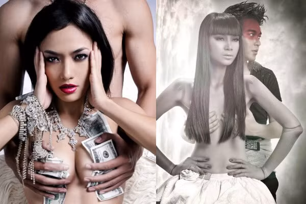 Tiền bạc và đàn ông Tina Tình táo bạo với bộ ngực "ăn" tiền, còn siêu mẫu Hạ Vy lại được Phan Anh - anh trai của MC Tuấn Tú hờ hững ôm từ đằng sau.