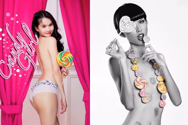 Kẹo Ngọc Trinh đáng yêu cùng kẹo ngọt. Còn nàng người mẫu có thân hình gầy gò Thùy Dương lại khoe ngực phẳng lì với dây chuyền làm bằng kẹo.