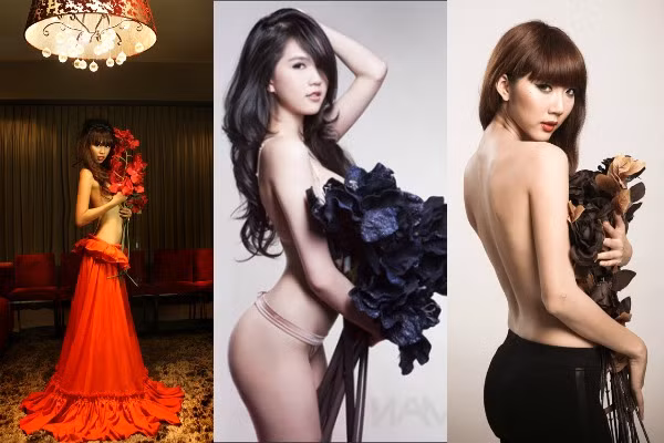 Hoa Các loại hoa giả là phụ kiện hữu hiệu giúp che chắn "núi đôi" của Hà Anh, Ngọc Trinh và Ngọc Quyên.