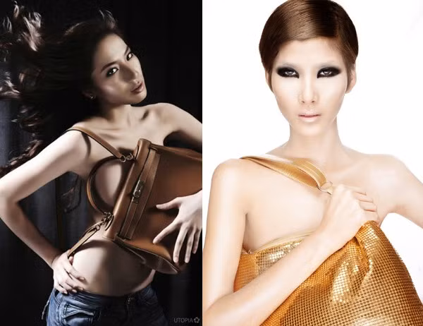 Túi xách Chung Thục Quyên và quán quân Vietnam Next Top Model 2010 Hoàng Thùy lại dùng túi xách che ngực.