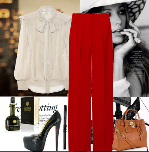 Một chiếc quần ống suông màu đỏ, và chiếc áo sơ mi được nhấn nhá điệu đà bằng chiếc nơ trên cổ và phần tay khá độc đáo. Khi diện item này, bạn đích thị là một cô nàng tiểu thư và thời thượng. Một chiếc quần ống suông màu đỏ, và chiếc áo sơ mi được nhấn nhá điệu đà bằng chiếc nơ trên cổ và phần tay khá độc đáo. Khi diện item này, bạn đích thị là một cô nàng tiểu thư và thời thượng.