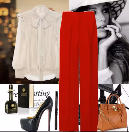 Một chiếc quần ống suông màu đỏ, và chiếc áo sơ mi được nhấn nhá điệu đà bằng chiếc nơ trên cổ và phần tay khá độc đáo. Khi diện item này, bạn đích thị là một cô nàng tiểu thư và thời thượng. Một chiếc quần ống suông màu đỏ, và chiếc áo sơ mi được nhấn nhá điệu đà bằng chiếc nơ trên cổ và phần tay khá độc đáo. Khi diện item này, bạn đích thị là một cô nàng tiểu thư và thời thượng.