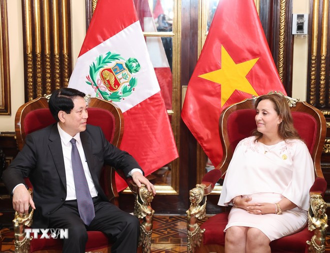 Chủ tịch nước Lương Cường và Tổng thống Peru Dina Ercilia Boluarte Zegarr. (Ảnh: Lâm Khánh/TTXVN) Chủ tịch nước Lương Cường và Tổng thống Peru Dina Ercilia Boluarte Zegarr. (Ảnh: Lâm Khánh/TTXVN)