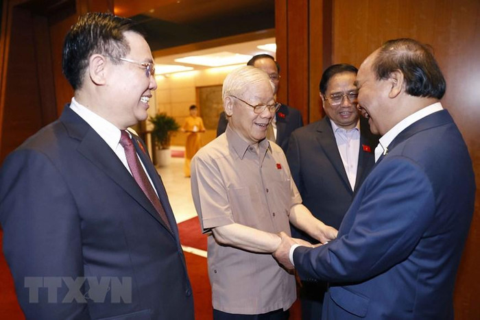 Tổng Bí thư Nguyễn Phú Trọng, Chủ tịch nước Nguyễn Xuân Phúc, Thủ tướng Phạm Minh Chính, Chủ tịch Quốc hội Vương Đình Huệ dự phiên họp. (Ảnh: TTXVN)