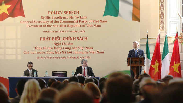 Tổng Bí thư, Chủ tịch nước Tô Lâm phát biểu chính sách tại Trường Đại học Trinity Dublin, Ireland. (Ảnh: Nguyễn Hồng) Tổng Bí thư, Chủ tịch nước Tô Lâm phát biểu chính sách tại Trường Đại học Trinity Dublin, Ireland. (Ảnh: Nguyễn Hồng)