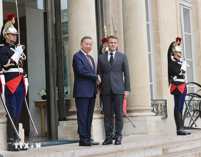 Tổng thống Pháp Emmanuel Macron đón Tổng Bí thư, Chủ tịch nước Tô Lâm. (Ảnh: Trí Dũng/TTXVN) anh1.jpg
