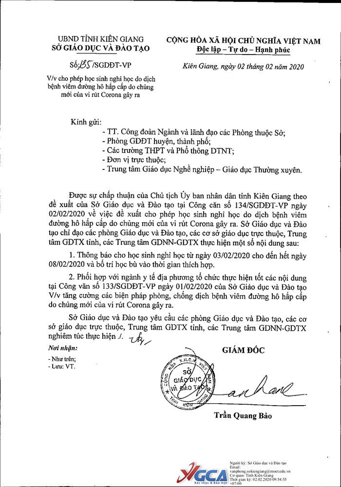 Học sinh Kiên Giang được nghỉ học từ ngày 03/02/2020 cho đến hết ngày 08/02/2020. (Ảnh do tác giả cung cấp) Học sinh Kiên Giang được nghỉ học từ ngày 03/02/2020 cho đến hết ngày 08/02/2020. (Ảnh do tác giả cung cấp)
