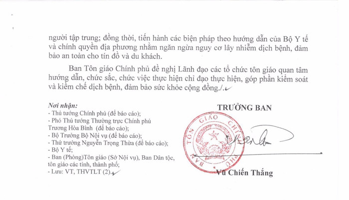 Ban Tôn giáo Chính phủ ban hành công văn số 48/TGCP-VP gửi Lãnh đạo các tổ chức tôn giáo về việc tăng cường phòng, chống lây lan dịch.