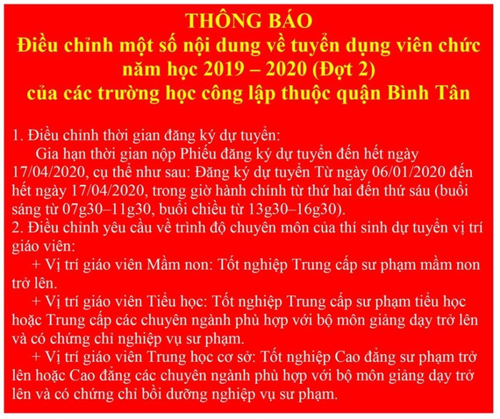 Phòng Giáo dục và Đào tạo quận Bình Tân, Thành phố Hồ Chí Minh đã quyết định tuyển giáo viên hệ trung cấp, cao đẳng trở lại. (Ảnh do tác giả cung cấp) Phòng Giáo dục và Đào tạo quận Bình Tân, Thành phố Hồ Chí Minh đã quyết định tuyển giáo viên hệ trung cấp, cao đẳng trở lại. (Ảnh do tác giả cung cấp)