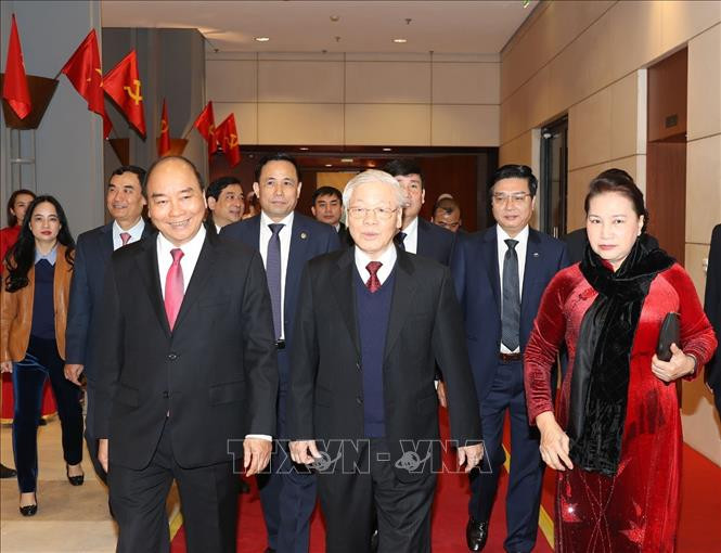 Tổng Bí thư, Chủ tịch nước Nguyễn Phú Trọng; Thủ tướng Nguyễn Xuân Phúc; Chủ tịch Quốc hội Nguyễn Thị Kim Ngân dự Lễ kỷ niệm. Ảnh: Trí Dũng/TTXVN