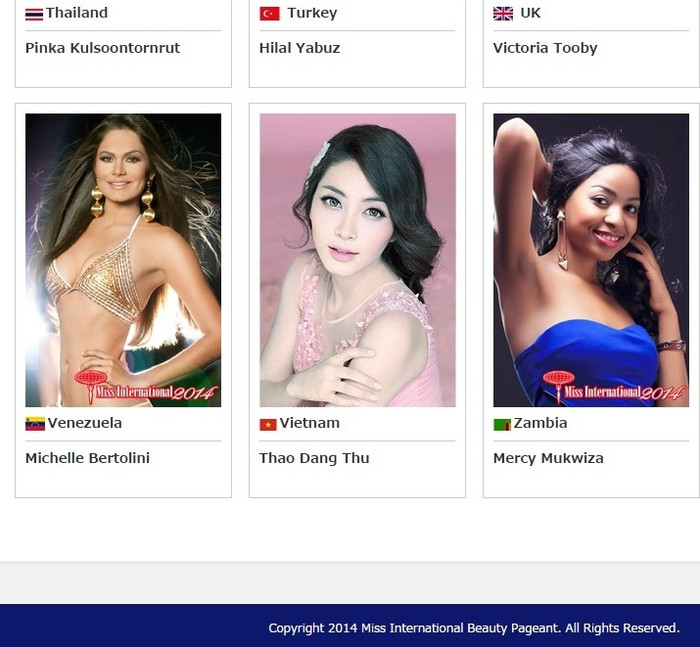 Tên của HH đại dương 2014 Đặng Thu Thảo trên trang web chính thức của cuộc thi Miss International 2104 (Hoa hậu quốc tế) Tên của HH đại dương 2014 Đặng Thu Thảo trên trang web chính thức của cuộc thi Miss International 2104 (Hoa hậu quốc tế)