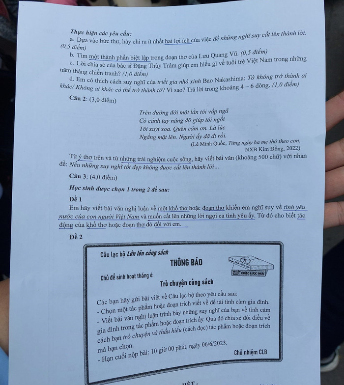 Đề thi tuyển sinh vào lớp 10 môn Ngữ văn, trang 2 (ảnh: P.L)