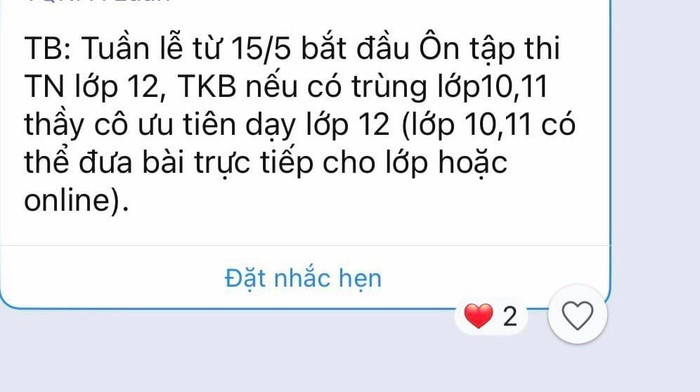 Nội dung đoạn thông báo bằng tin nhắn trên nhóm Zalo trường gửi giáo viên (ảnh: VD)