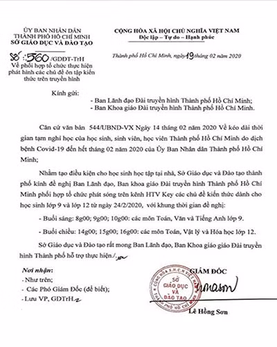 Văn bản 560 của Sở Giáo dục và Đào tạo Thành phố Hồ Chí Minh, do Giám đốc ký ngày 19/2/2020 (ảnh: P.L)