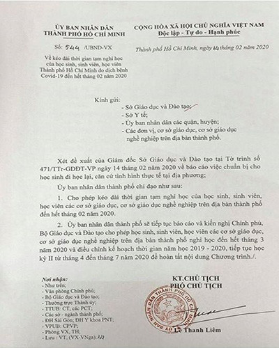 Văn bản của Ủy ban nhân dân Thành phố Hồ Chí Minh ngày 14/2 (Ảnh: P.L) Văn bản của Ủy ban nhân dân Thành phố Hồ Chí Minh ngày 14/2 (Ảnh: P.L)