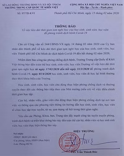 Thông báo kéo dài thời gian nghỉ của Trường trung cấp Quốc tế Khôi Việt (ảnh: P.L)