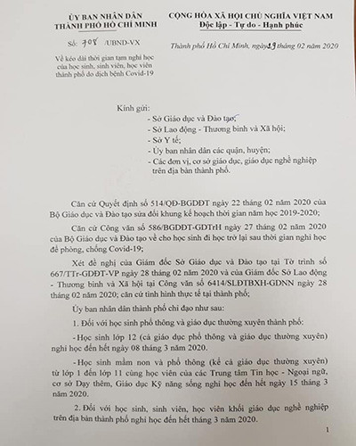 Văn bản 708 do Phó Chủ tịch thường trực Ủy ban nhân dân Thành phố Hồ Chí Minh ký ngày 29/2 (ảnh: P.L) Văn bản 708 do Phó Chủ tịch thường trực Ủy ban nhân dân Thành phố Hồ Chí Minh ký ngày 29/2 (ảnh: P.L)