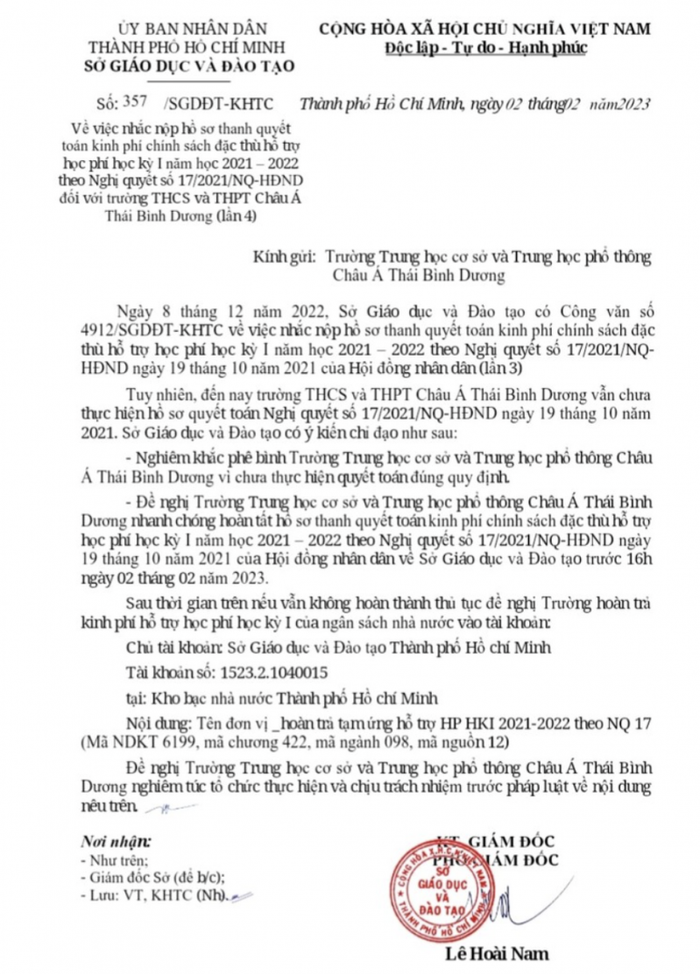 Văn bản do ông Lê Hoài Nam - Phó Giám đốc Sở Giáo dục và Đào tạo Thành phố Hồ Chí Minh ký. (Ảnh: P.L)