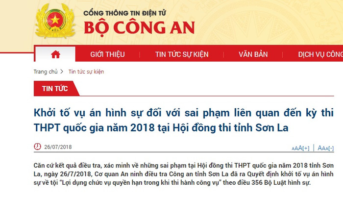 Cổng thông tin điện tử Bộ Công an chính thức thông tin khởi tố vụ án hình sự liên quan đến việc gian lận thi cử tại Sơn La gây bức xúc dư luận. Ảnh: Chụp từ cổng thông tin Bộ Công an. Cổng thông tin điện tử Bộ Công an chính thức thông tin khởi tố vụ án hình sự liên quan đến việc gian lận thi cử tại Sơn La gây bức xúc dư luận. Ảnh: Chụp từ cổng thông tin Bộ Công an.