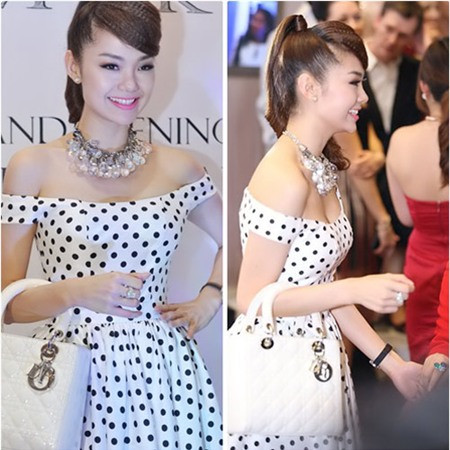 Váy chấm bi trễ vai tôn nét trẻ trung, yêu kiều.