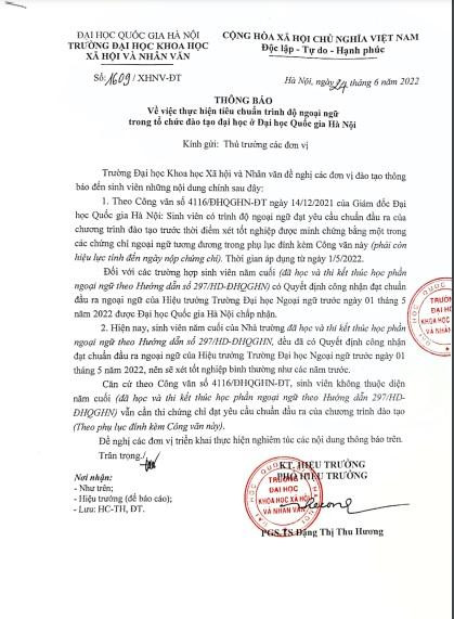 Công văn số 1609/XHNV-ĐT của Trường Đại học Khoa học xã hội và Nhân văn Công văn số 1609/XHNV-ĐT của Trường Đại học Khoa học xã hội và Nhân văn