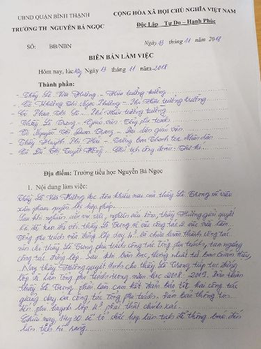 Trích biên bản làm việc ngày 13/11 ở Trường tiểu học Nguyễn Bá Ngọc, quận Bình Thạnh (ảnh: P.L) Trích biên bản làm việc ngày 13/11 ở Trường tiểu học Nguyễn Bá Ngọc, quận Bình Thạnh (ảnh: P.L)