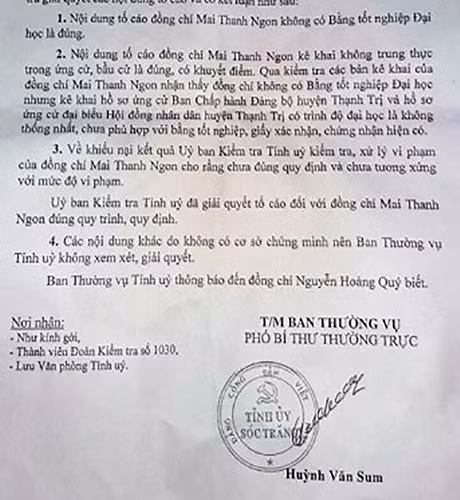 Trích công văn 819 do Phó Bí thư thường trực tỉnh Sóc Trăng ký hồi tháng 10 vừa qua (ảnh: CTV)