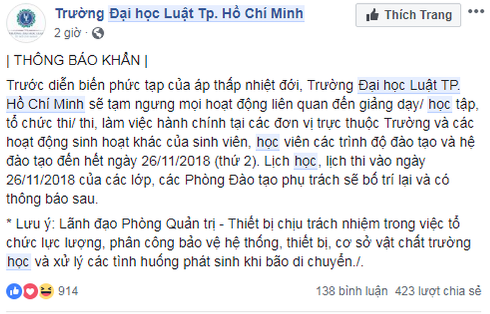 Thông báo cho sinh viên tạm nghỉ học trong ngày 26/11 của Trường Đại học Luật thành phố (ảnh: ctv) Thông báo cho sinh viên tạm nghỉ học trong ngày 26/11 của Trường Đại học Luật thành phố (ảnh: ctv)