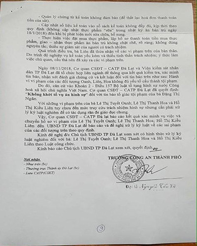 Trích kết luận 1561 của Công an thành phố Đà Lạt, do Đại tá Nguyễn Tấn Vũ ký (ảnh: P.L)