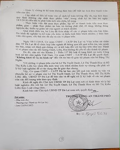 Trích kết luận 1561 của Công an thành phố Đà Lạt, do Đại tá Nguyễn Tấn Vũ ký (ảnh: P.L) Trích kết luận 1561 của Công an thành phố Đà Lạt, do Đại tá Nguyễn Tấn Vũ ký (ảnh: P.L)