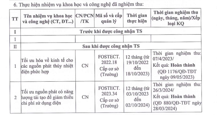 2 nhiệm vụ khoa học và công nghệ thầy Đạo làm chủ nhiệm đề tài đã nghiệm thu, trong đó có 1 nhiệm vụ khoa học và công nghệ vừa nghiệm thu đầu năm 2024. (Ảnh chụp màn hình bản đăng ký xét công nhận chức danh phó giáo sư của ứng viên) nckh.png