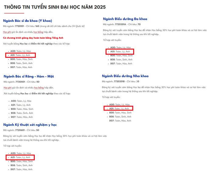 Một số ngành thuộc khối Sức khỏe của Trường Đại học Phan Châu Trinh có sử dụng tổ hợp A01 để xét tuyển. (Ảnh chụp màn hình) unnamed (56).jpg