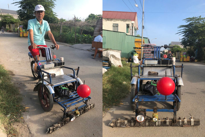 Chú Phạm Minh Đức – người thợ sửa xe 58 tuổi, hiện sống tại huyện Cần Đước, tỉnh Long An cùng chiếc xích lô hút đinh, sắt nhọn tự chế. (Ảnh tư liệu - NVCC) nmd2-7328-6412.jpg