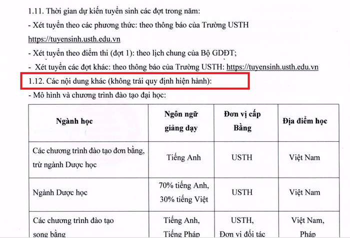 Mục 1.12 trong Đề án tuyển sinh năm 2024 của Trường Đại học Khoa học và Công nghệ Hà Nội. (Ảnh chụp màn hình) link-78.jpg