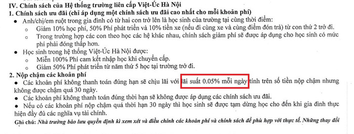 Học sinh nộp học phí chậm phải chịu lãi mỗi ngày. (Ảnh chụp màn hình tài liệu nhân viên tư vấn cung cấp ngày 1/7/2024) nop-cham.JPG