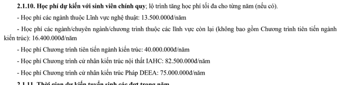 Học phí năm 2024 Trường Đại học Kiến trúc Hà Nội. (Ảnh chụp màn hình Đề án tuyển sinh năm 2024) Ảnh 7_ (Ảnh chụp từ thông báo trên website nhà trường).png