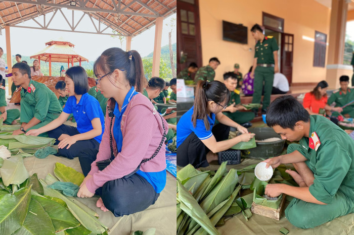 Các thầy cô giáo cùng các chiến sĩ trên đảo Thổ Châu gói bánh chưng. (Ảnh: NTCC) Các thầy cô giáo cùng các chiến sĩ trên đảo Thổ Châu gói bánh chưng. (Ảnh: NTCC)