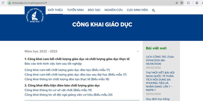 Trước khi phóng viên liên hệ nhà trường chưa công bố biểu mẫu số 21 thu chi tài chính của năm học 2022-2023. (Ảnh chụp màn hình) khong-co-thu-chi-tai-chinh.JPG