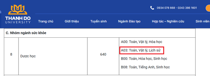 Trường Đại học Thành Đô sử dụng cả tổ hợp A03 để xét tuyển ngành Dược học. (Ảnh chụp màn hình) screenshot-2025-04-03-184336-3108-6919.png