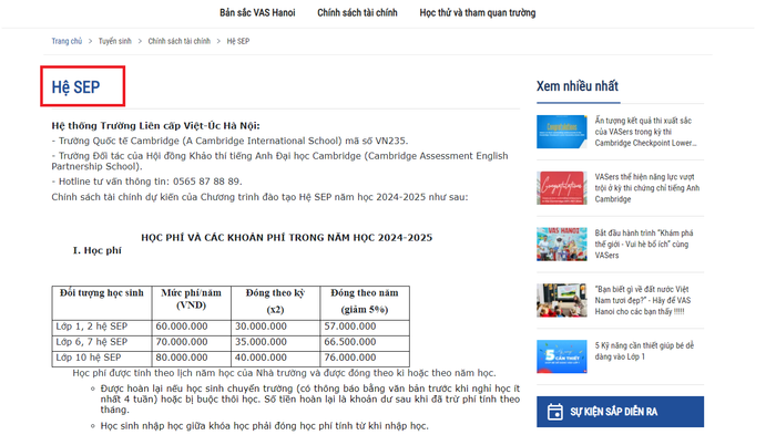 Nhà trường đã đăng tải thông tin về học phí của hệ SEP. (Ảnh chụp màn hình ngày 8/7/2024) 5885bd.png
